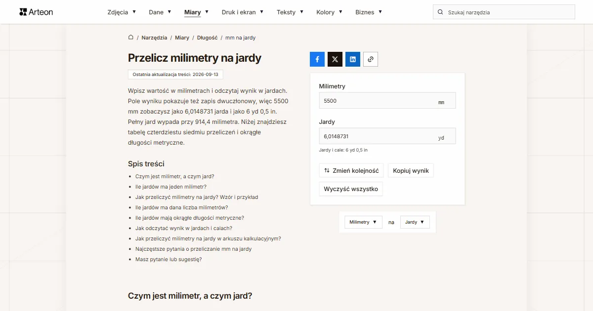 Zrzut ekranu darmowego narzędzia Arteon: Przelicz milimetry na jardy