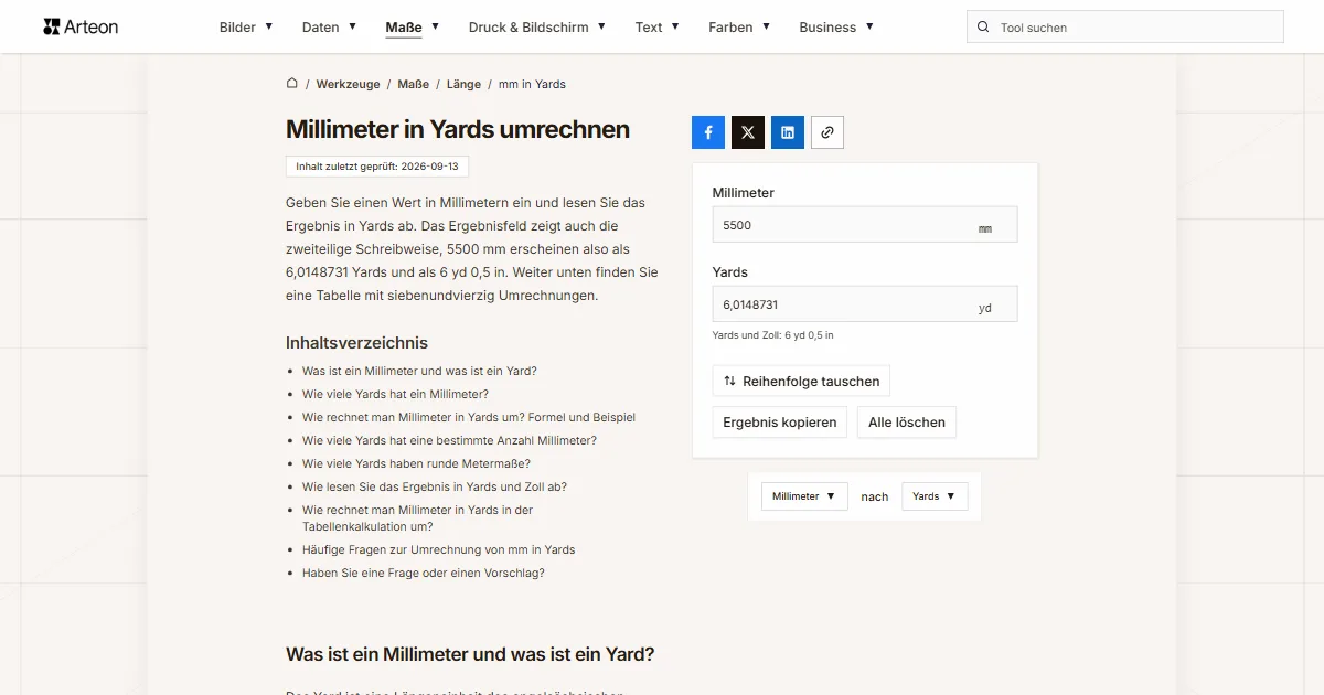 Screenshot des kostenlosen Arteon-Werkzeugs: Millimeter in Yards umrechnen