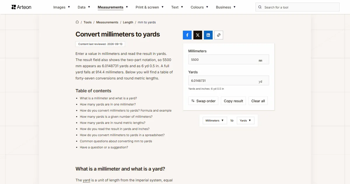 Arteon free tool screenshot: Convert millimeters to yards