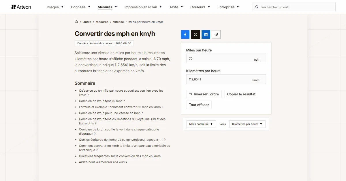 Capture d'écran de l'outil gratuit d'Arteon: Convertir des mph en km/h