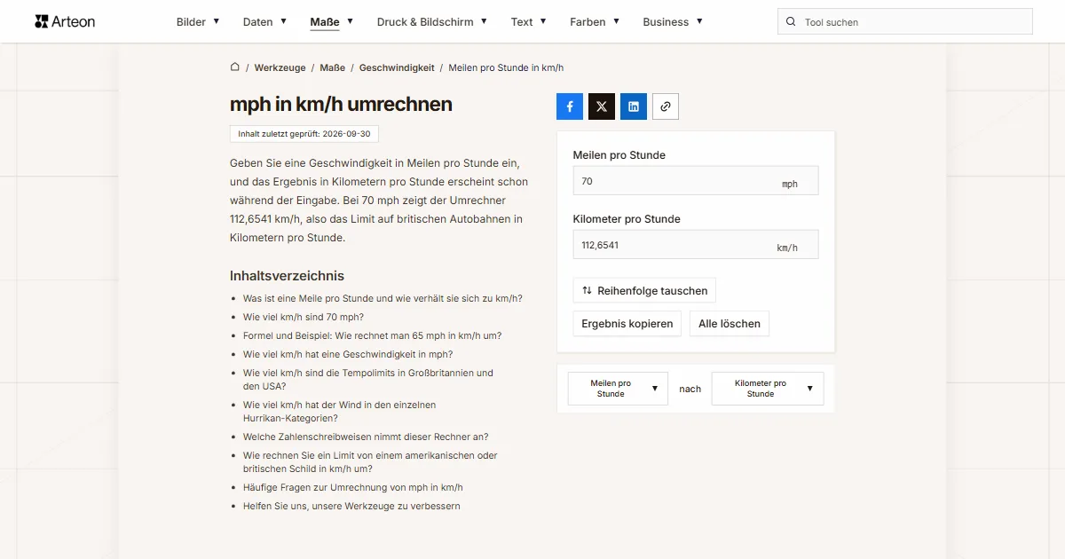 Screenshot des kostenlosen Arteon-Werkzeugs: mph in km/h umrechnen