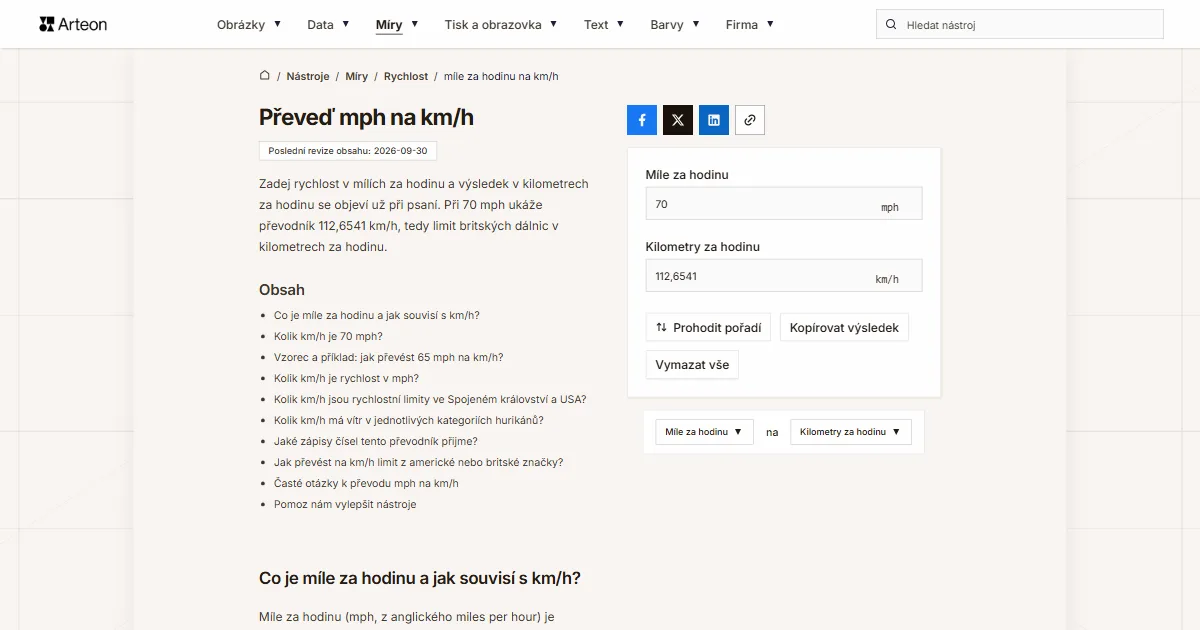 Snímek obrazovky bezplatného nástroje Arteon: Převeď mph na km/h
