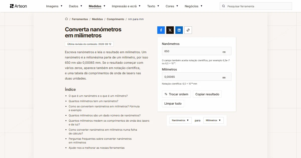 Captura de ecrã da ferramenta gratuita da Arteon: Converta nanómetros em milímetros
