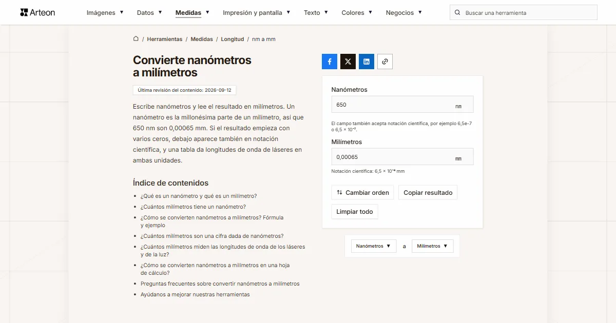 Captura de pantalla de la herramienta gratuita de Arteon: Convierte nanómetros a milímetros