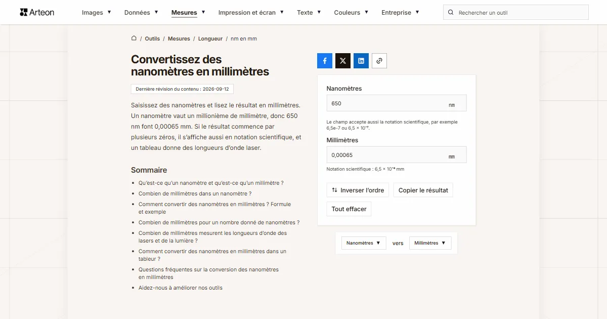 Capture d'écran de l'outil gratuit d'Arteon: Convertissez des nanomètres en millimètres