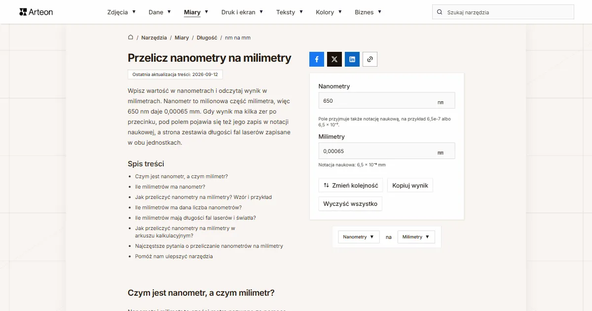 Zrzut ekranu darmowego narzędzia Arteon: Przelicz nanometry na milimetry