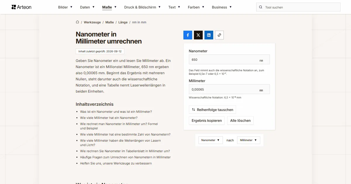 Screenshot des kostenlosen Arteon-Werkzeugs: Nanometer in Millimeter umrechnen