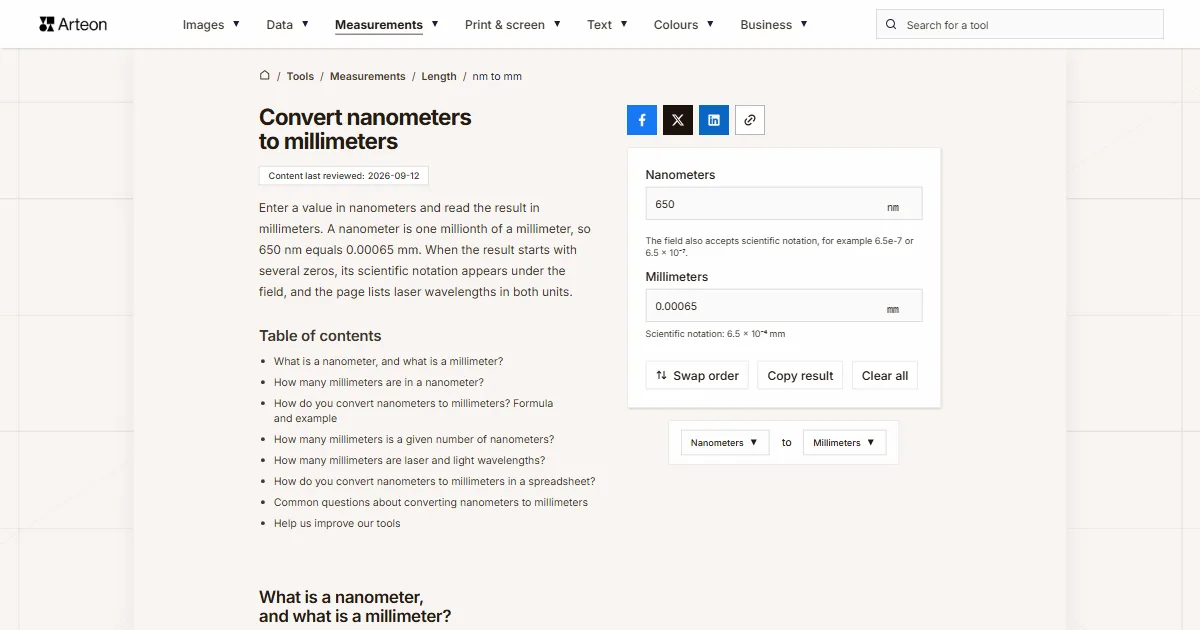 Arteon free tool screenshot: Convert nanometers to millimeters