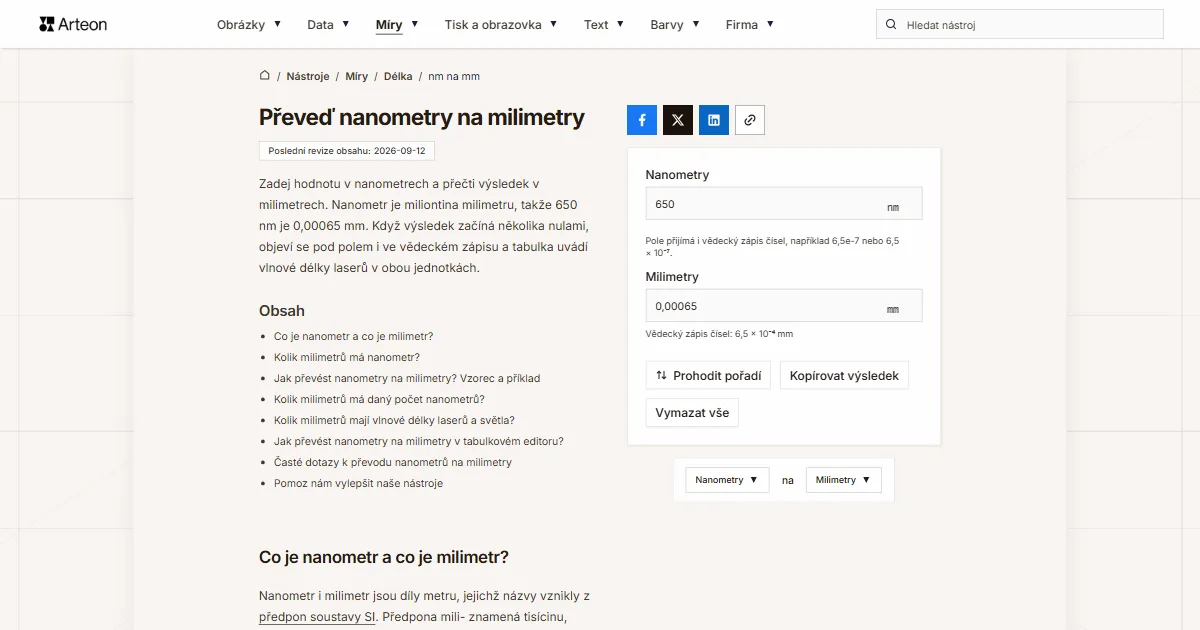 Snímek obrazovky bezplatného nástroje Arteon: Převeď nanometry na milimetry