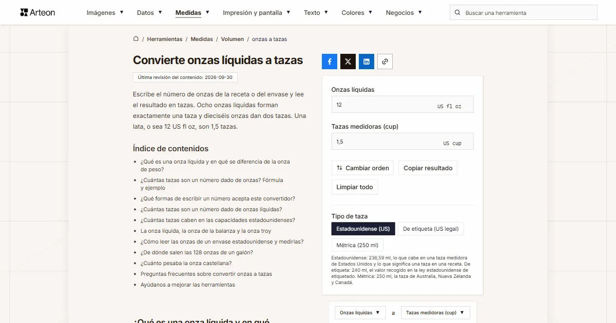 Captura de pantalla de la herramienta gratuita de Arteon: Convierte onzas líquidas a tazas