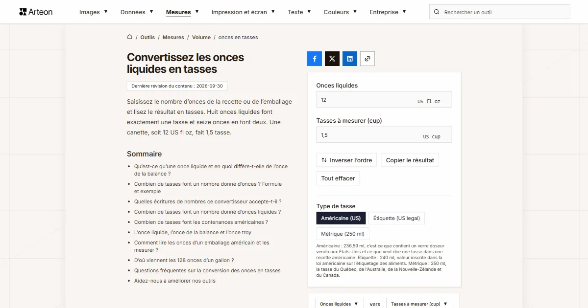 Capture d'écran de l'outil gratuit d'Arteon: Convertissez les onces liquides en tasses