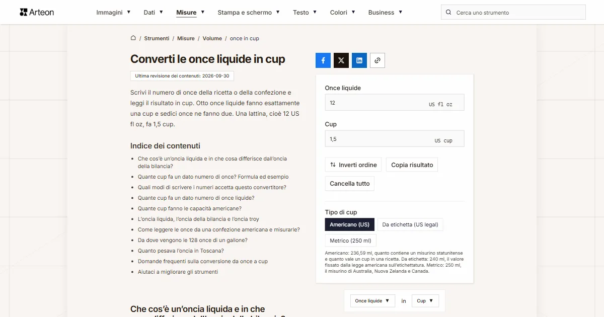 Screenshot dello strumento gratuito Arteon: Converti le once liquide in cup