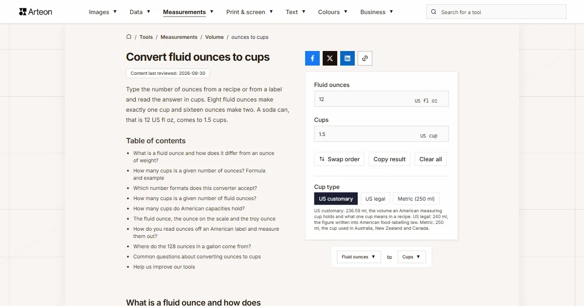 Arteon free tool screenshot: Convert fluid ounces to cups