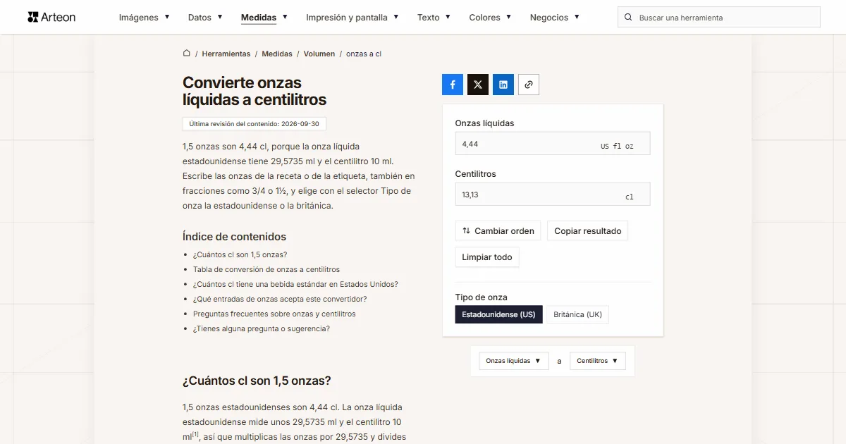 Captura de pantalla de la herramienta gratuita de Arteon: Convierte onzas líquidas a centilitros