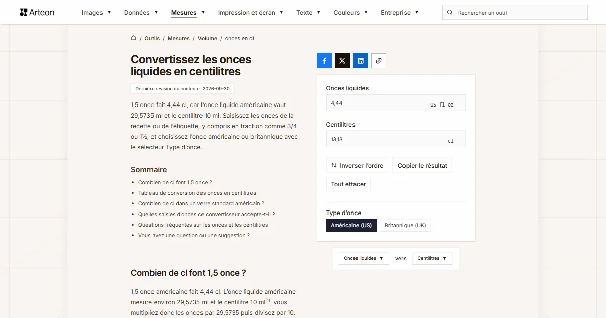 Capture d'écran de l'outil gratuit d'Arteon: Convertissez les onces liquides en centilitres