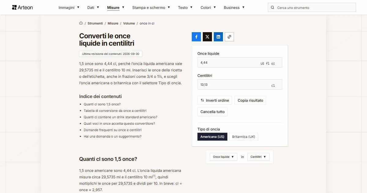 Screenshot dello strumento gratuito Arteon: Converti le once liquide in centilitri