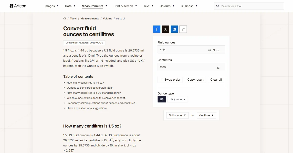 Arteon free tool screenshot: Convert fluid ounces to centilitres