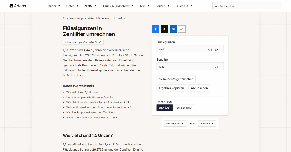 Screenshot des kostenlosen Arteon-Werkzeugs: Flüssigunzen in Zentiliter umrechnen