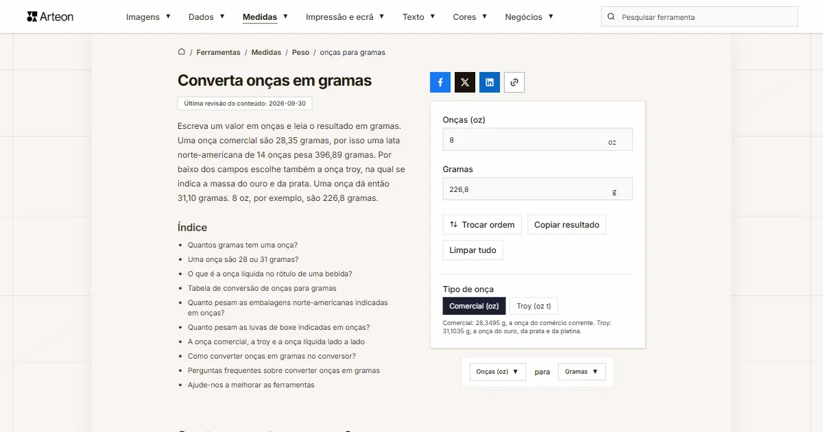 Captura de ecrã da ferramenta gratuita da Arteon: Converta onças em gramas