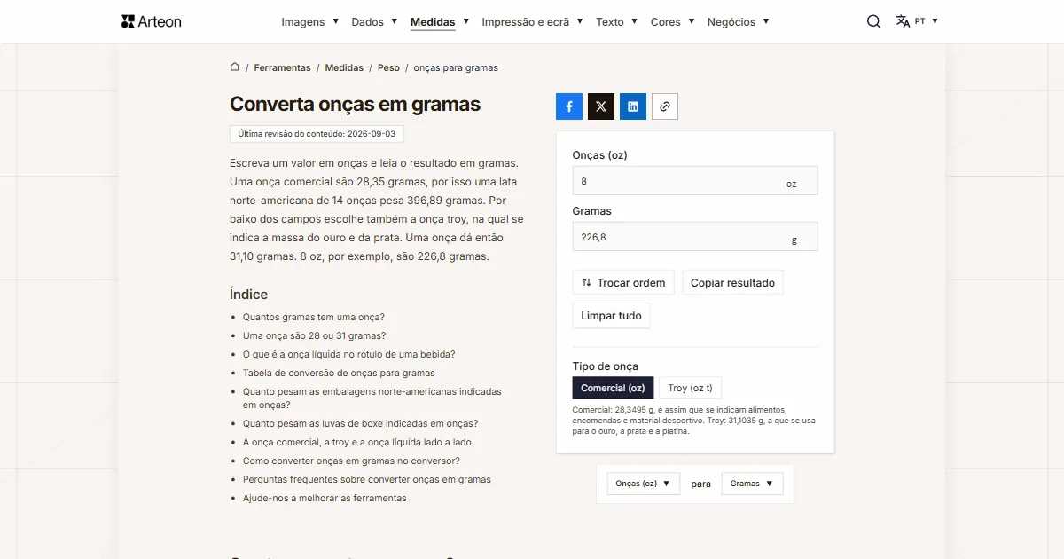 Captura de ecrã da ferramenta gratuita da Arteon: Converta onças em gramas