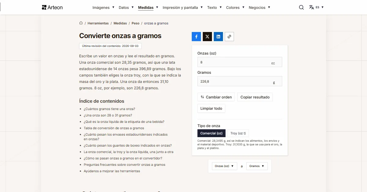 Captura de pantalla de la herramienta gratuita de Arteon: Convierte onzas a gramos