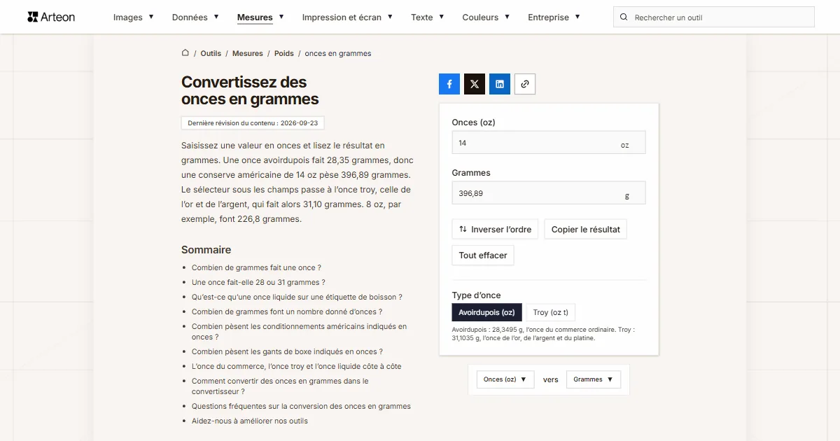 Capture d'écran de l'outil gratuit d'Arteon: Convertissez des onces en grammes