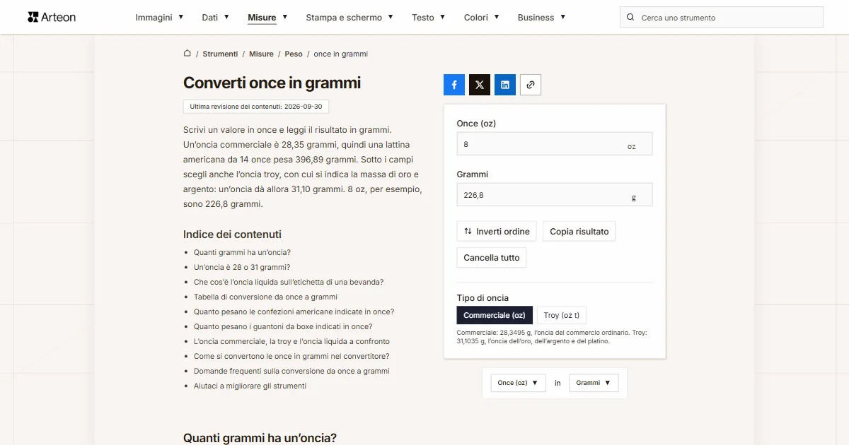 Screenshot dello strumento gratuito Arteon: Converti once in grammi