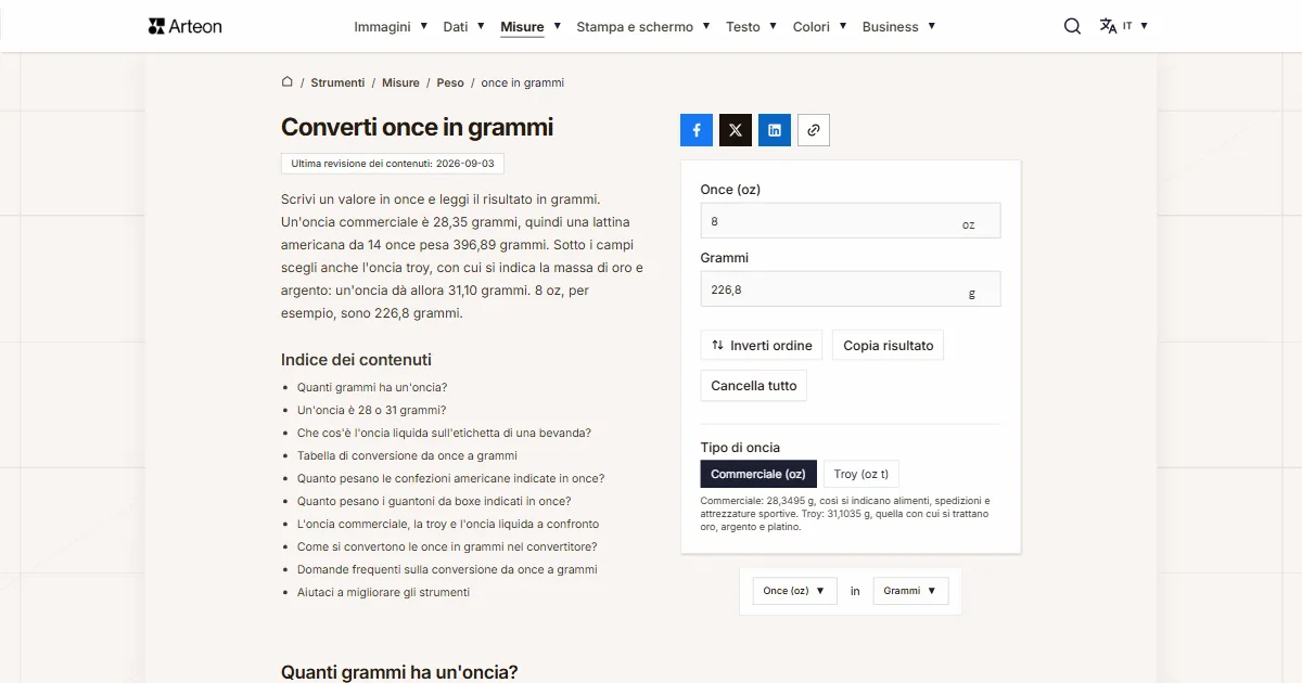 Screenshot dello strumento gratuito Arteon: Converti once in grammi