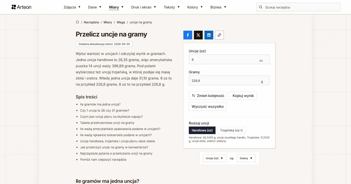 Zrzut ekranu darmowego narzędzia Arteon: Przelicz uncje na gramy