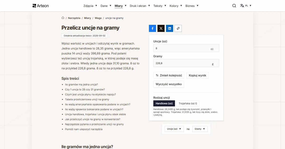 Zrzut ekranu darmowego narzędzia Arteon: Przelicz uncje na gramy