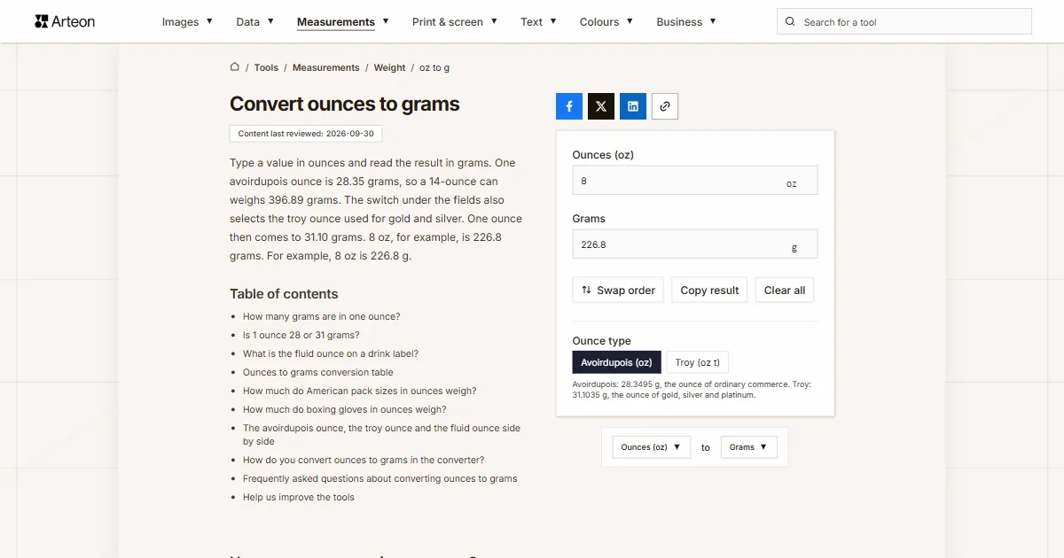 Arteon free tool screenshot: Convert ounces to grams