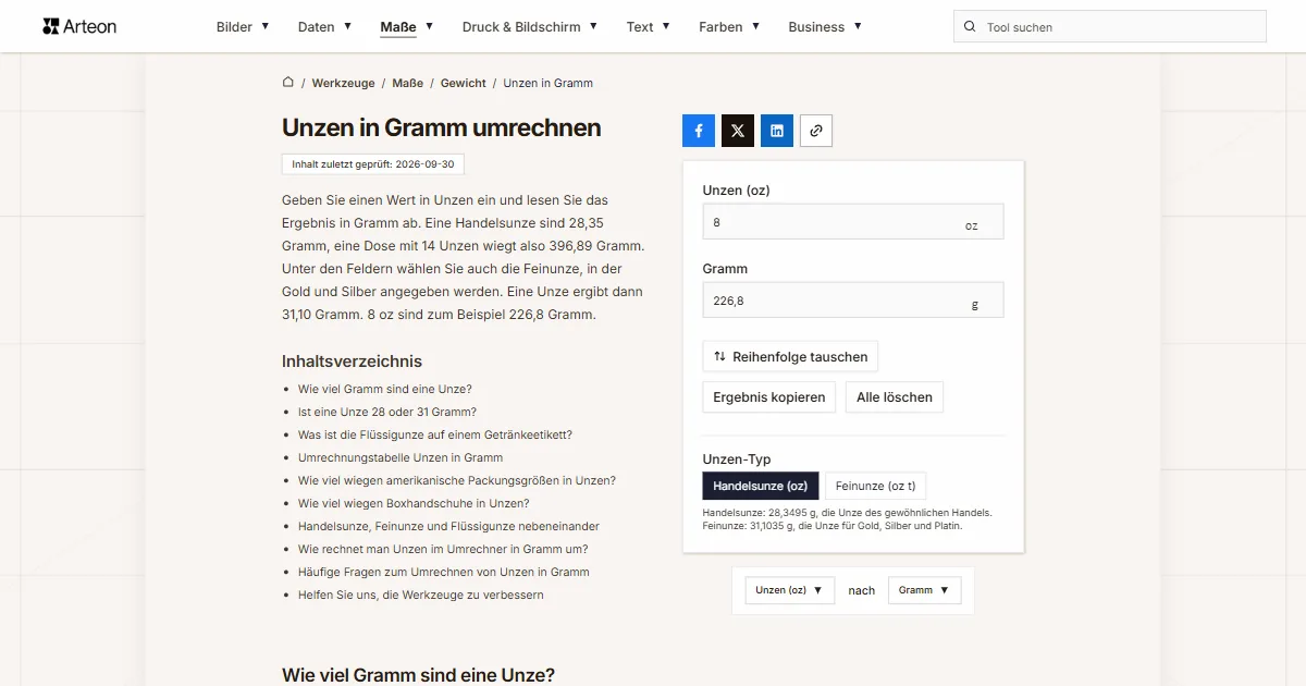Screenshot des kostenlosen Arteon-Werkzeugs: Unzen in Gramm umrechnen