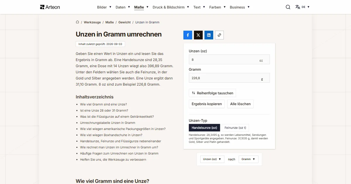 Screenshot des kostenlosen Arteon-Werkzeugs: Unzen in Gramm umrechnen