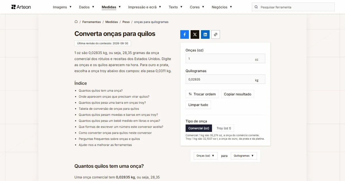 Captura de ecrã da ferramenta gratuita da Arteon: Converta onças para quilos