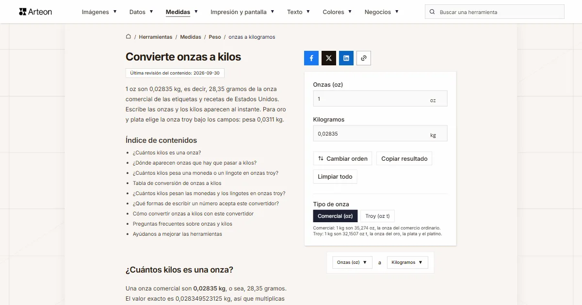 Captura de pantalla de la herramienta gratuita de Arteon: Convierte onzas a kilos