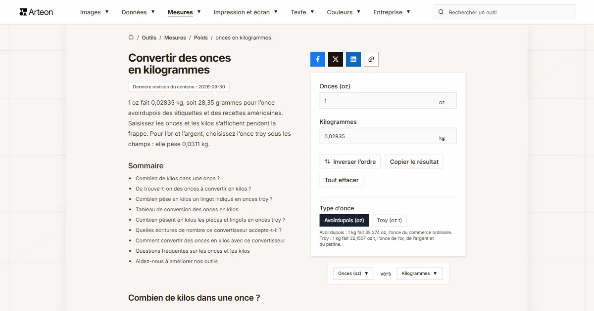 Capture d'écran de l'outil gratuit d'Arteon: Convertir des onces en kilogrammes
