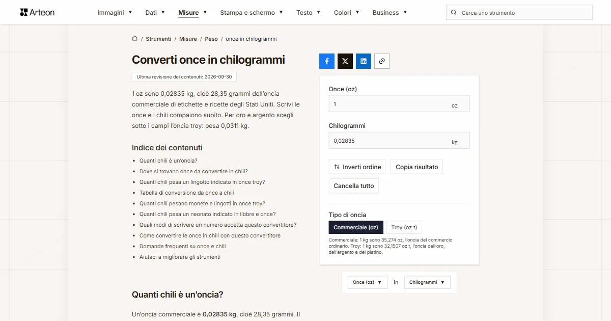 Screenshot dello strumento gratuito Arteon: Converti once in chilogrammi