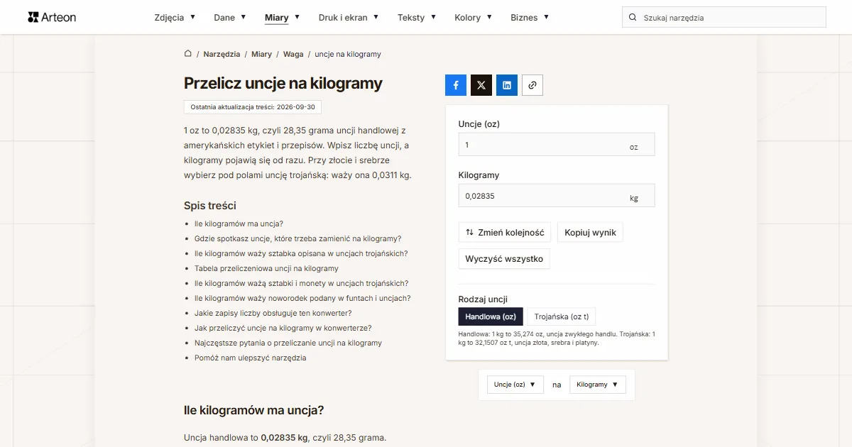 Zrzut ekranu darmowego narzędzia Arteon: Przelicz uncje na kilogramy