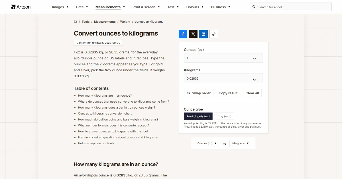 Arteon free tool screenshot: Convert ounces to kilograms