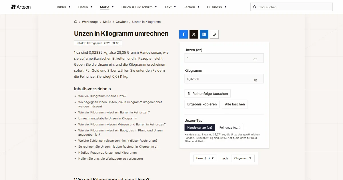 Screenshot des kostenlosen Arteon-Werkzeugs: Unzen in Kilogramm umrechnen