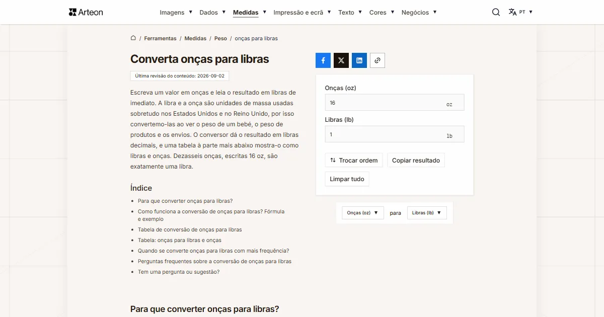 Captura de ecrã da ferramenta gratuita da Arteon: Converta onças para libras