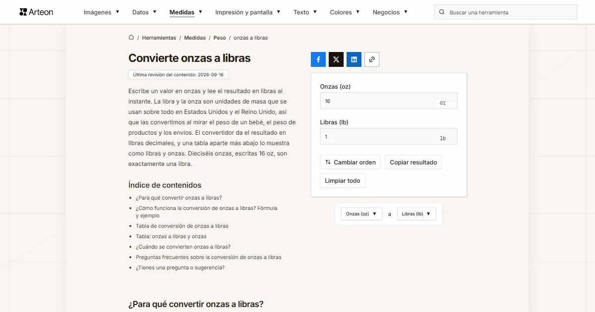 Captura de pantalla de la herramienta gratuita de Arteon: Convierte onzas a libras
