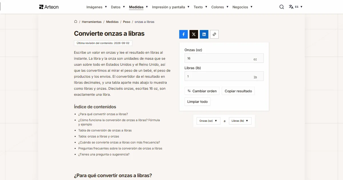 Captura de pantalla de la herramienta gratuita de Arteon: Convierte onzas a libras