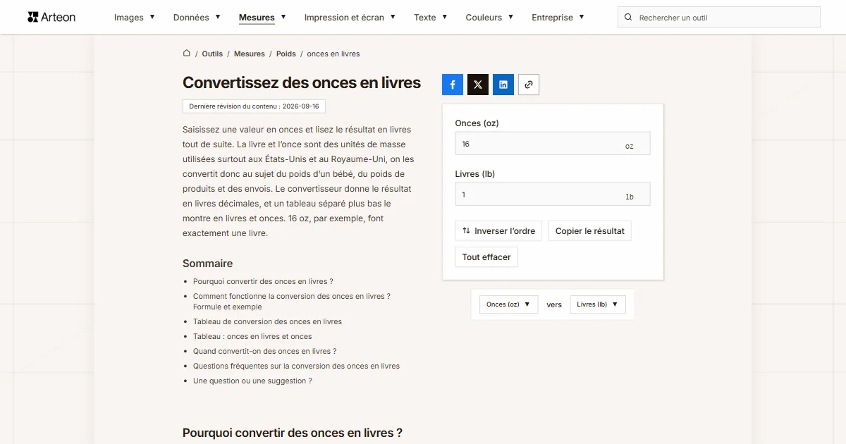 Capture d'écran de l'outil gratuit d'Arteon: Convertissez des onces en livres