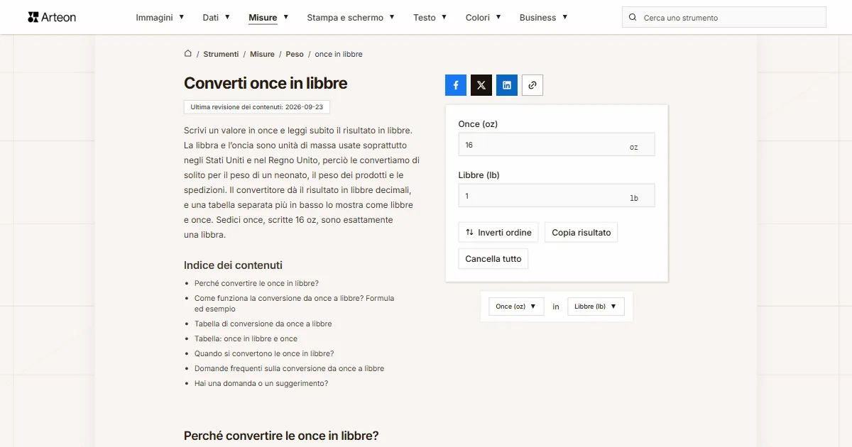 Screenshot dello strumento gratuito Arteon: Converti once in libbre