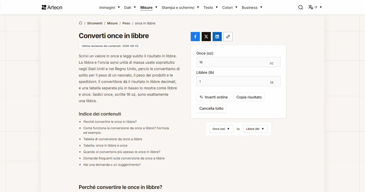 Screenshot dello strumento gratuito Arteon: Converti once in libbre