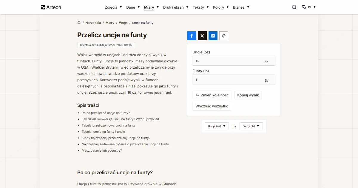 Zrzut ekranu darmowego narzędzia Arteon: Przelicz uncje na funty