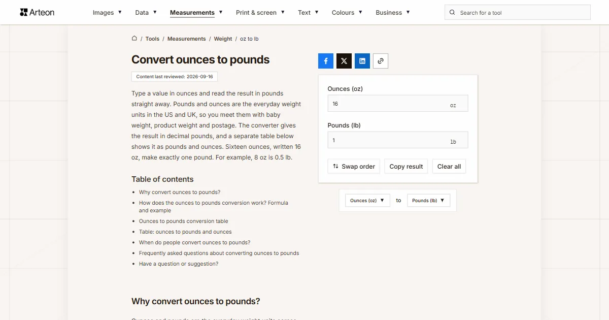 Arteon free tool screenshot: Convert ounces to pounds