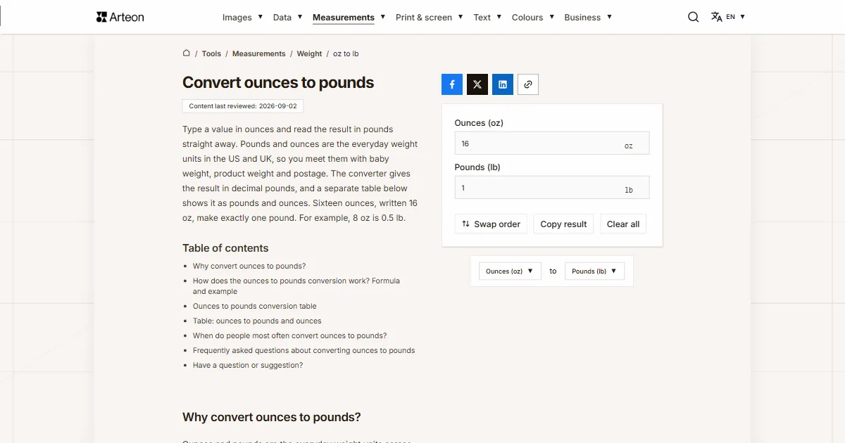 Arteon free tool screenshot: Convert ounces to pounds