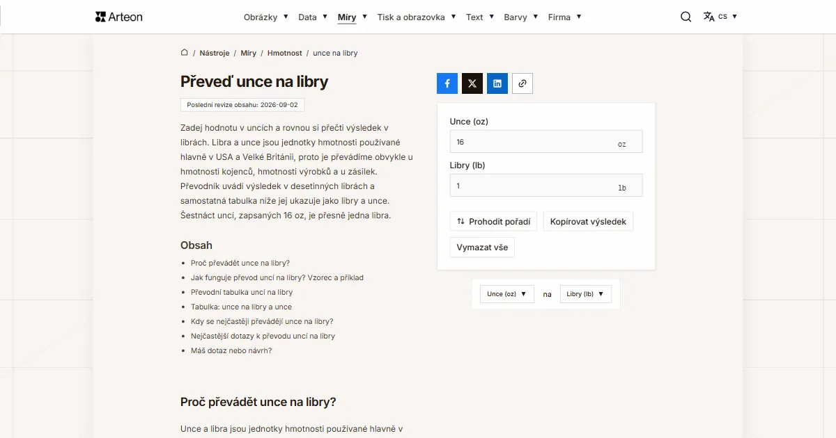 Snímek obrazovky bezplatného nástroje Arteon: Převeď unce na libry